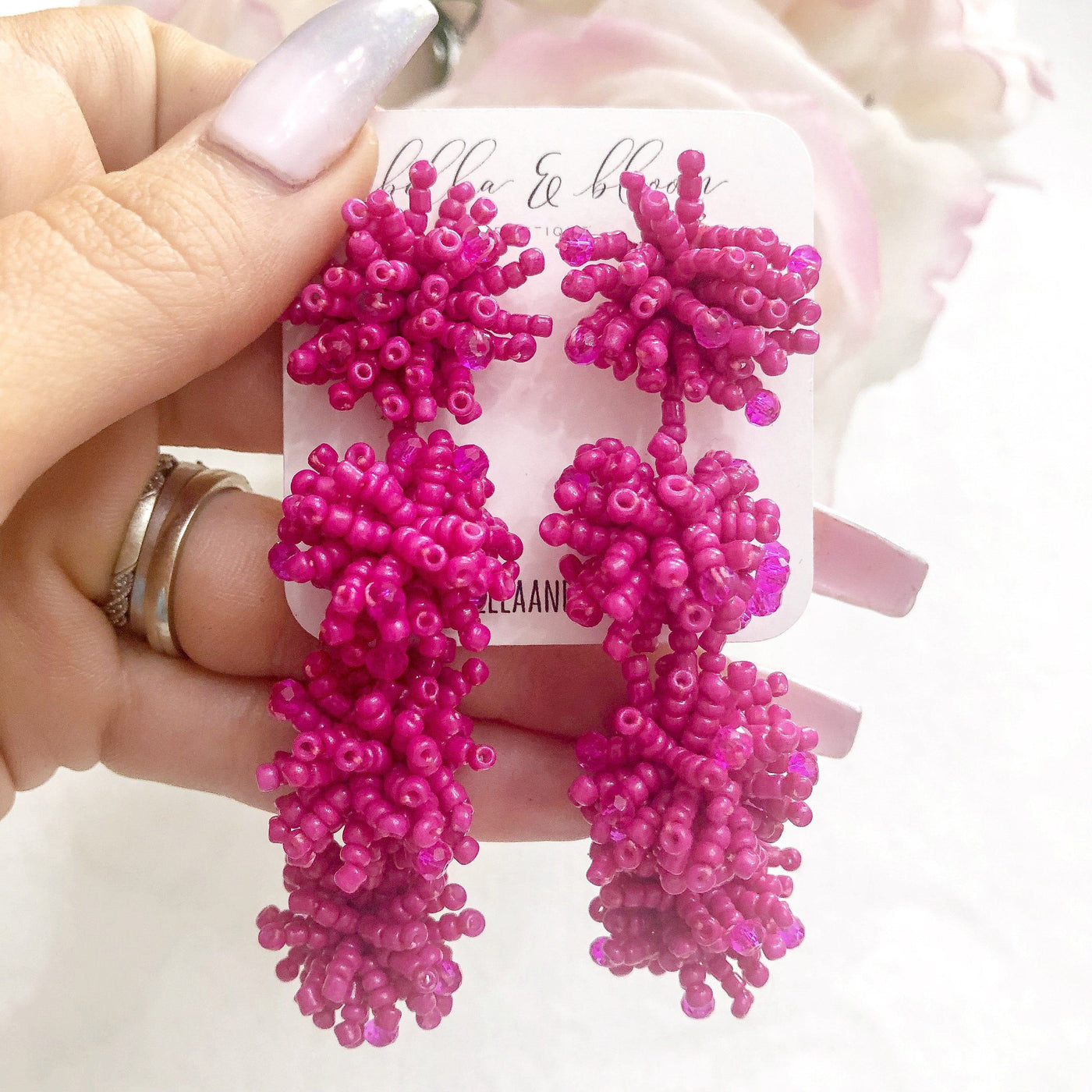 Beaded Tri-Drop Earrings: Fuchsia - Bella and Bloom Boutique