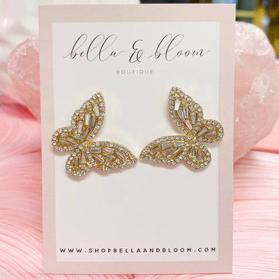 Kymber Sparkly Butterfly Stud Earrings: Gold - Bella and Bloom Boutique