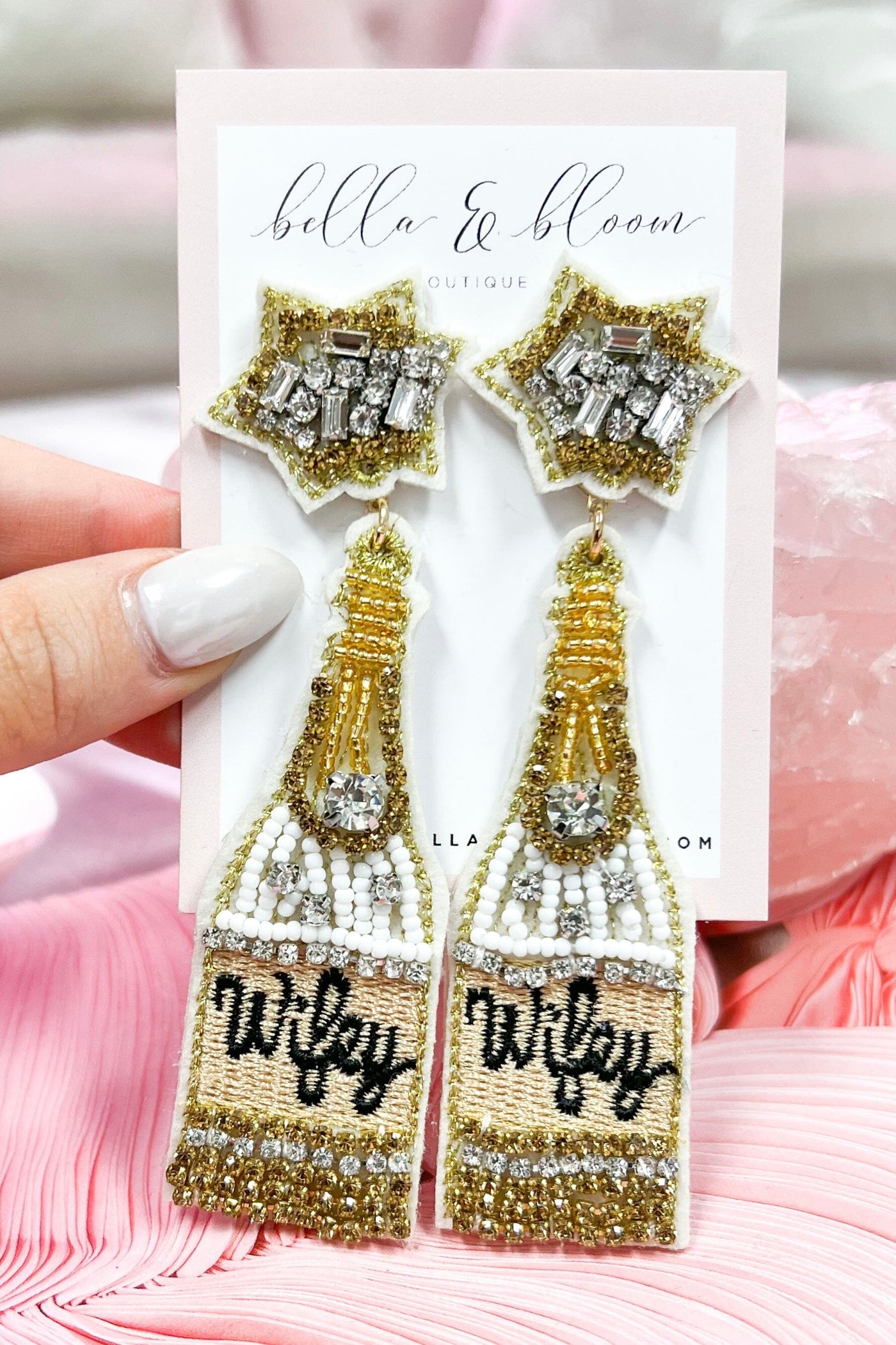 Beaded WIFEY Champagne Bottle Earrings: White/Gold - Bella and Bloom Boutique
