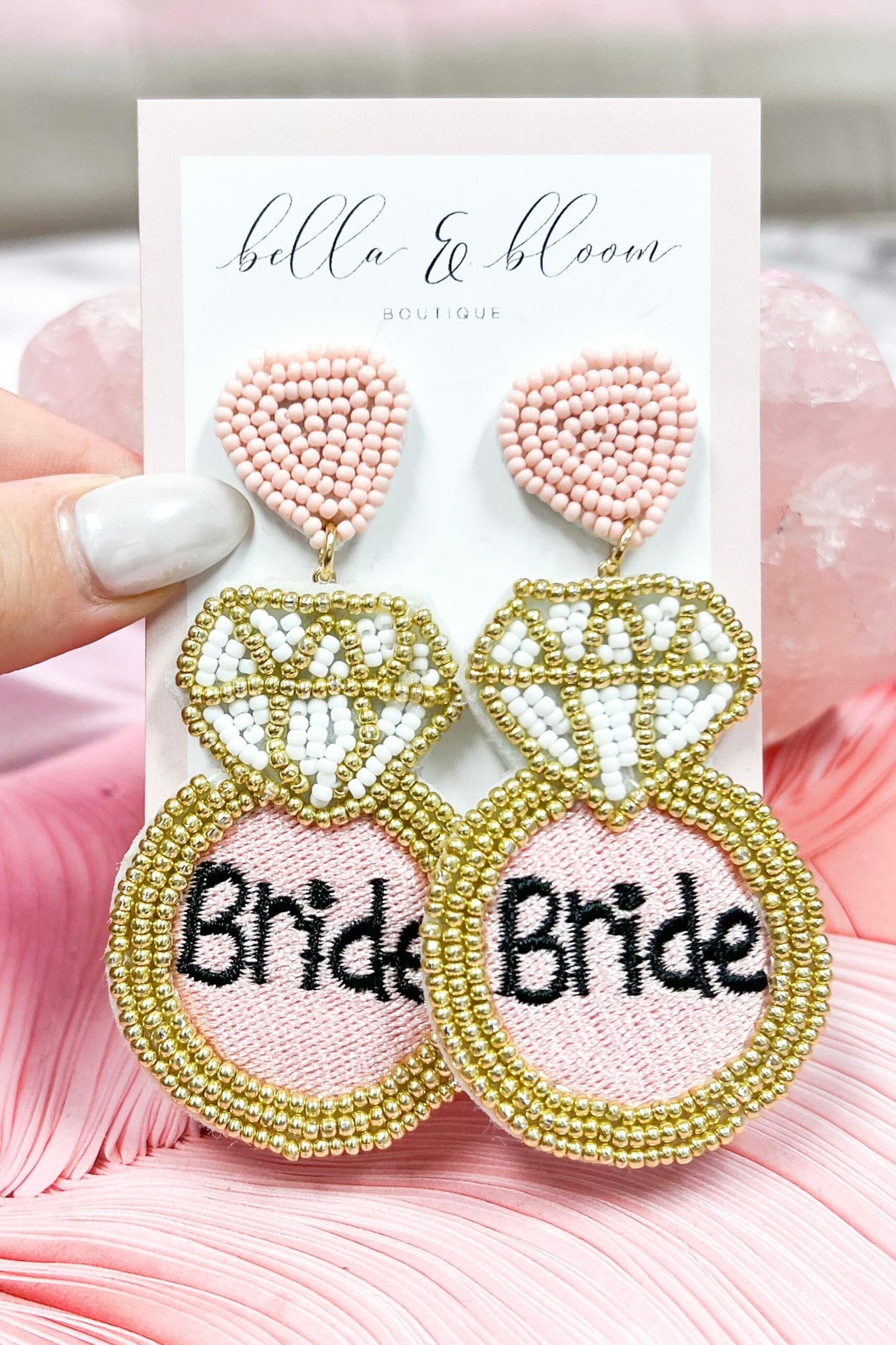Beaded BRIDE RING Earrings: Pink - Bella and Bloom Boutique