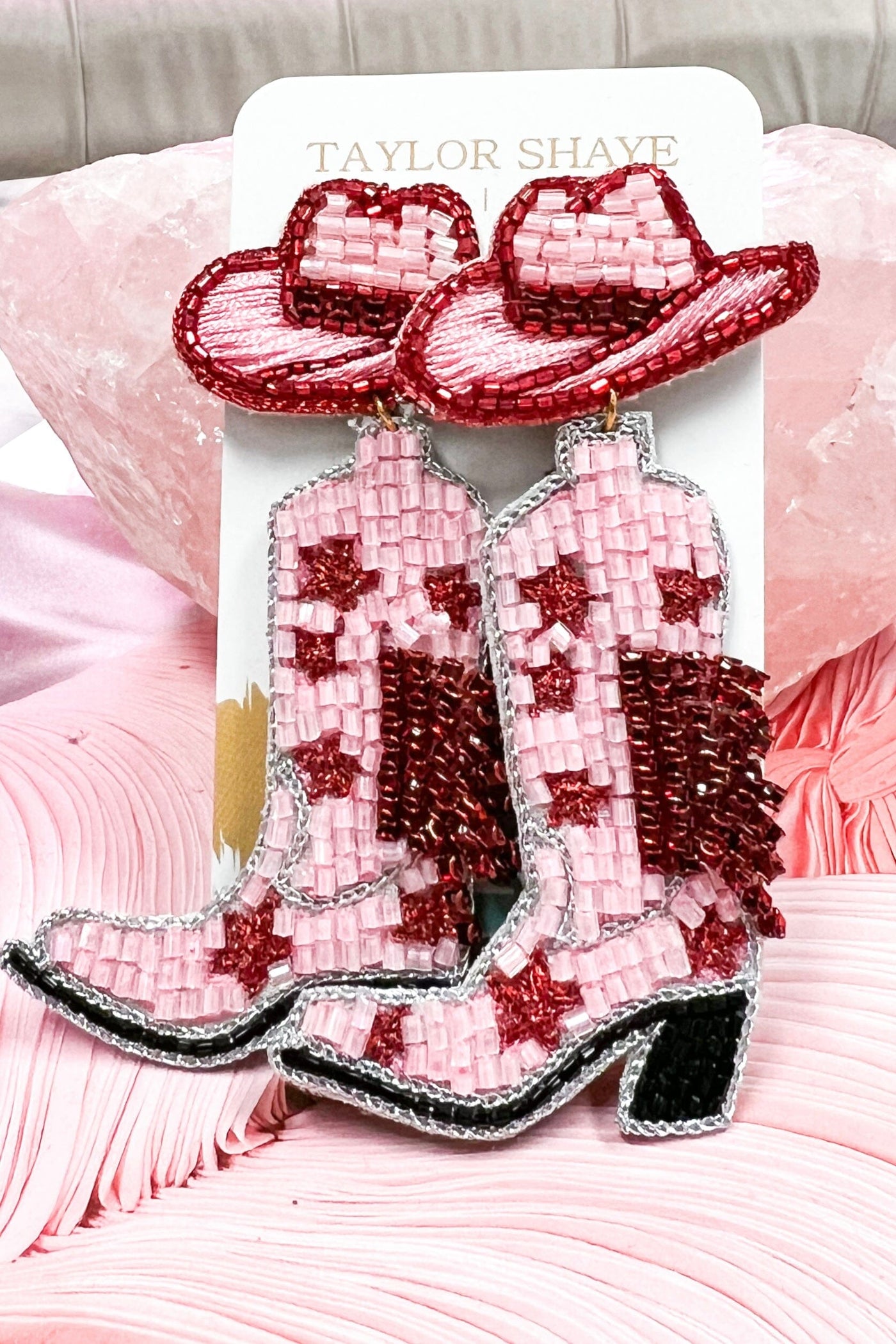 Beaded Cowboy Boot Earrings - TAYLOR SHAYE: Fuchsia/Light Pink - Bella and Bloom Boutique