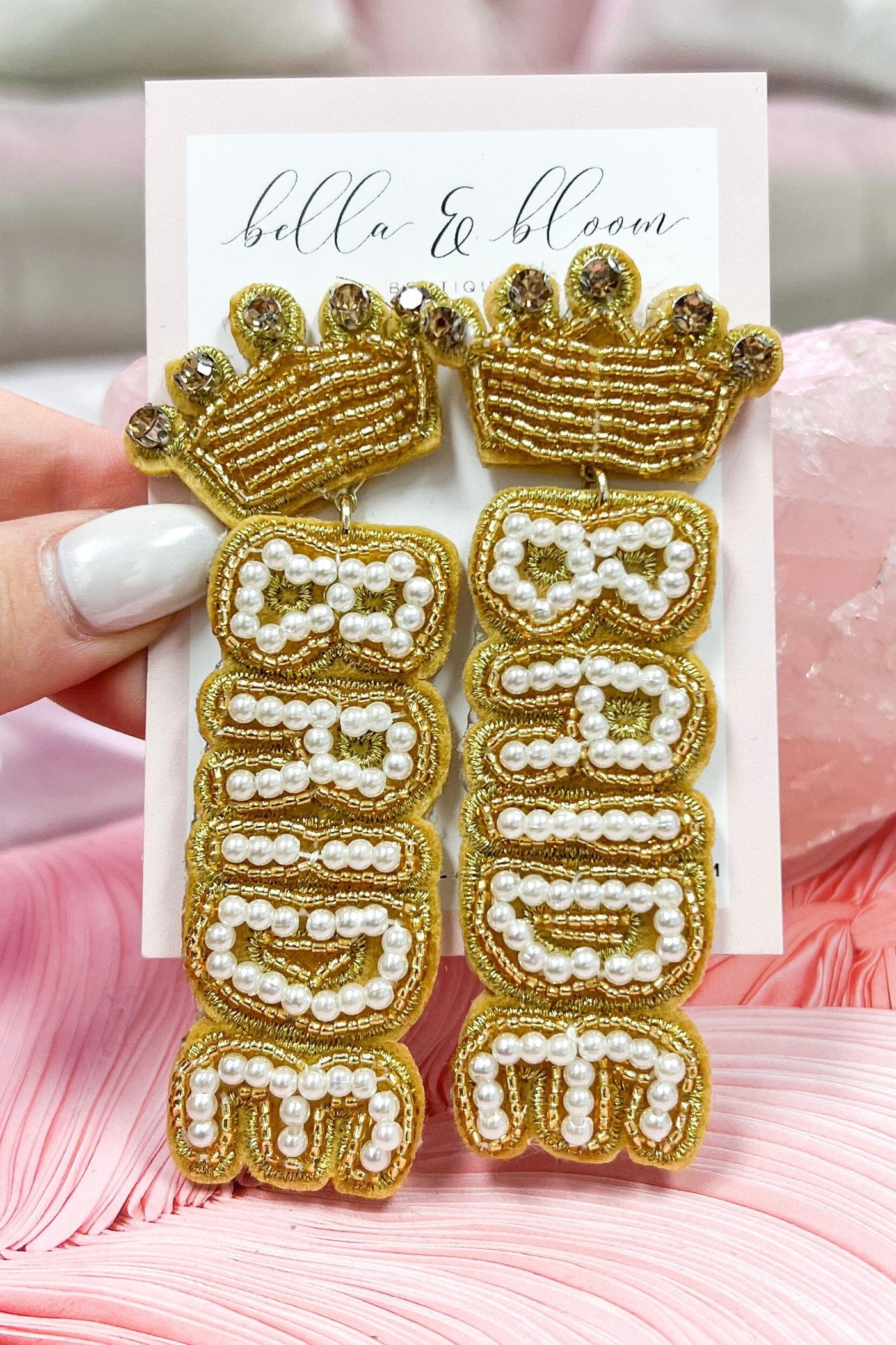 Beaded Crown Bride Statement Earrings: Gold - Bella and Bloom Boutique
