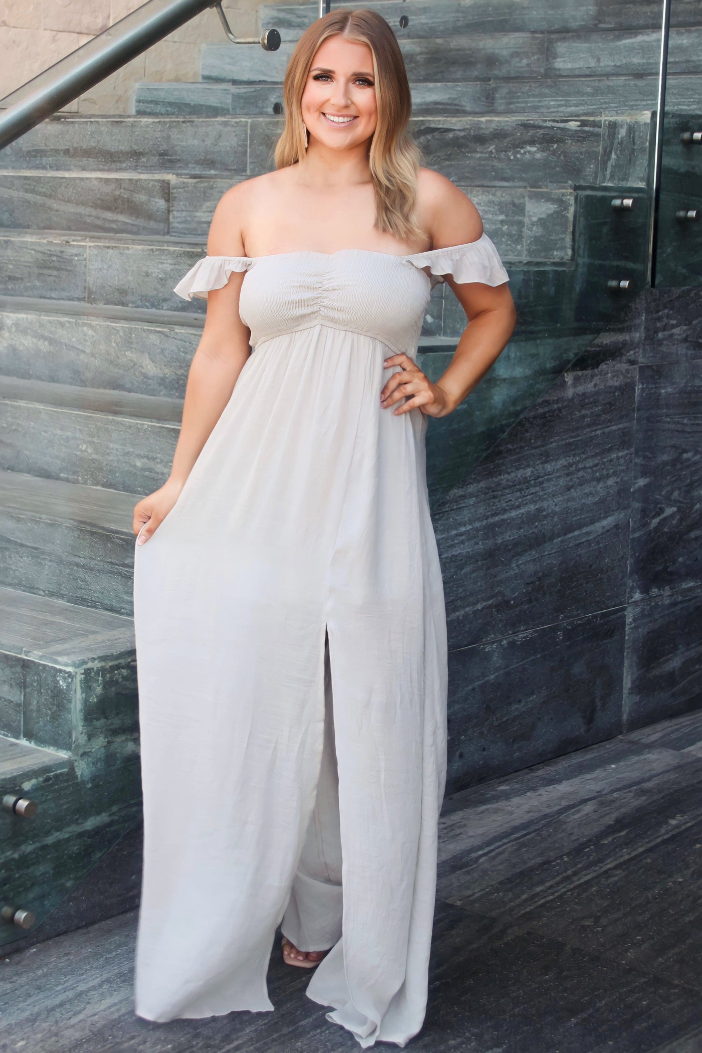 Charlotte Smocked Maxi Dress: Taupe - Bella and Bloom Boutique