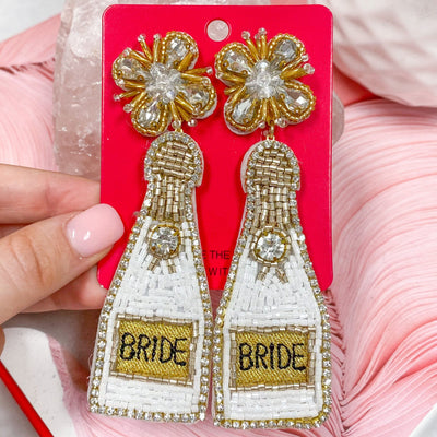 Beaded Bride Champagne Bottle Earrings: White/Gold - Bella and Bloom Boutique