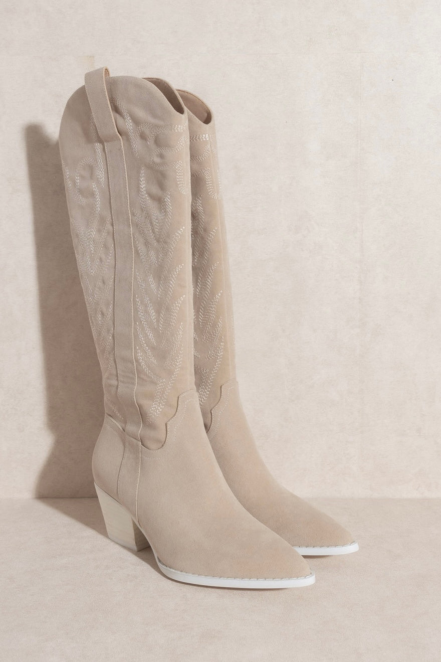 Samara Knee High Cowboy Boots: Beige Suede - Bella and Bloom Boutique