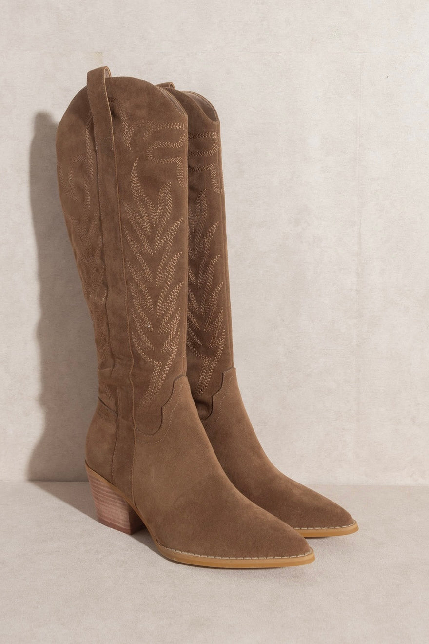Samara Knee High Cowboy Boots: Brown Suede - Bella and Bloom Boutique