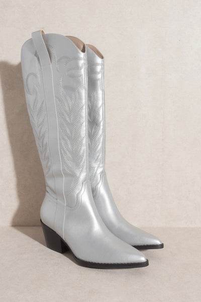 Samara Knee High Cowboy Boots: Silver - Bella and Bloom Boutique