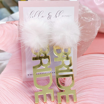 Fuzzy BRIDE Earrings: Gold/White - Bella and Bloom Boutique