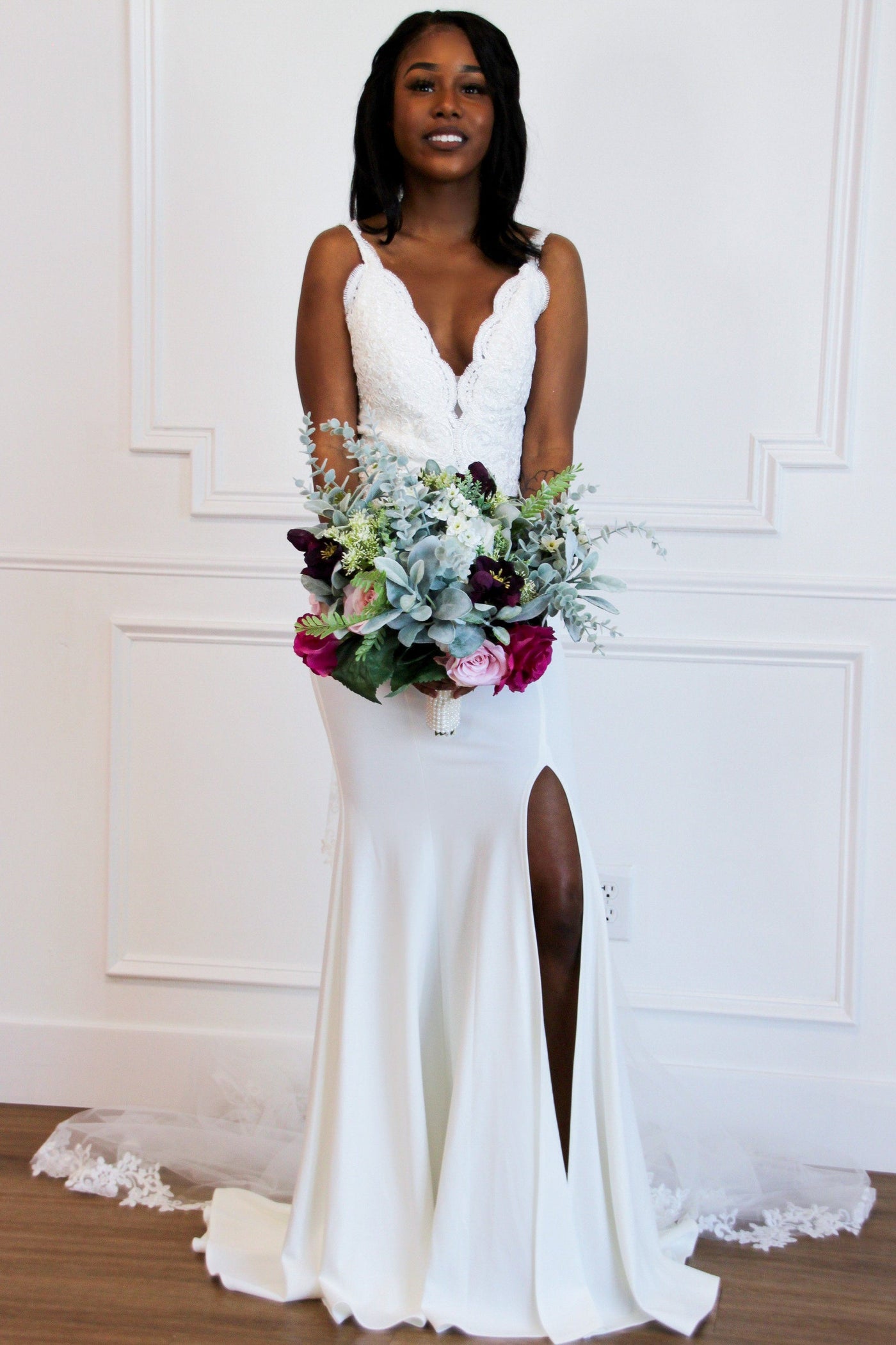 Bella and Bloom Boutique - Simple Elegance Slit Wedding Dress: White Bella and Bloom Boutique - Simple Elegance Slit Wedding Dress: White