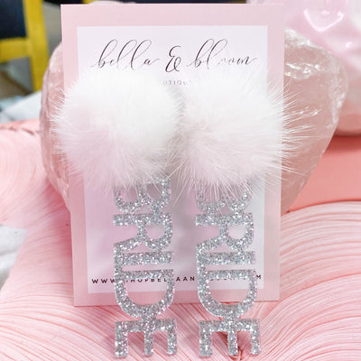 Fuzzy BRIDE Earrings: Silver Glitter/White - Bella and Bloom Boutique