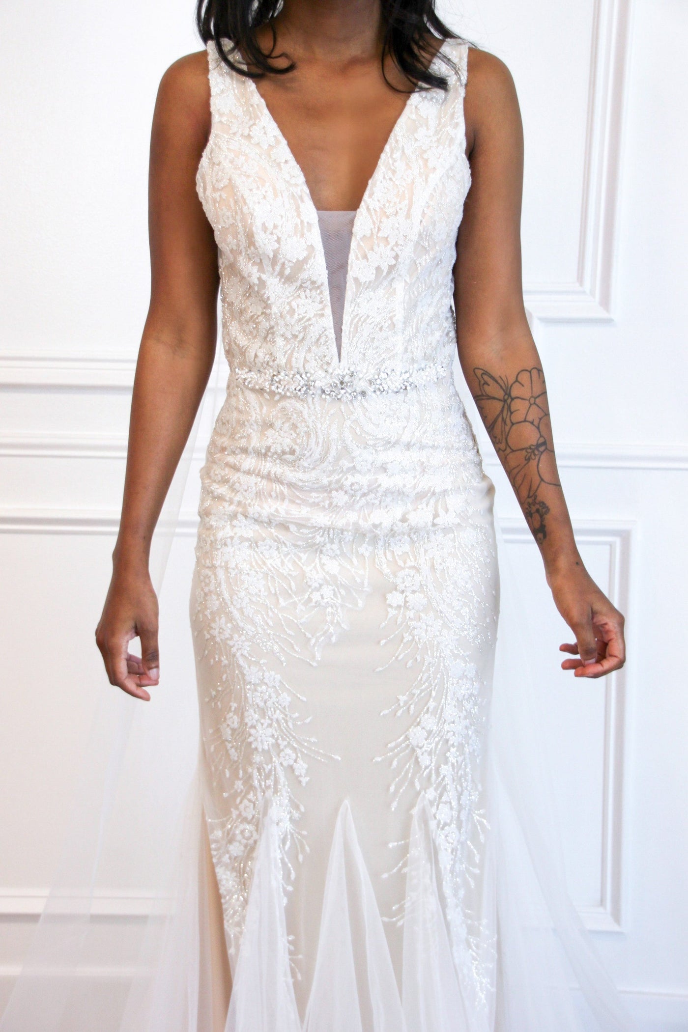 New Beginnings Embellished Wedding Dress: Ivory/Champagne - Bella and Bloom Boutique