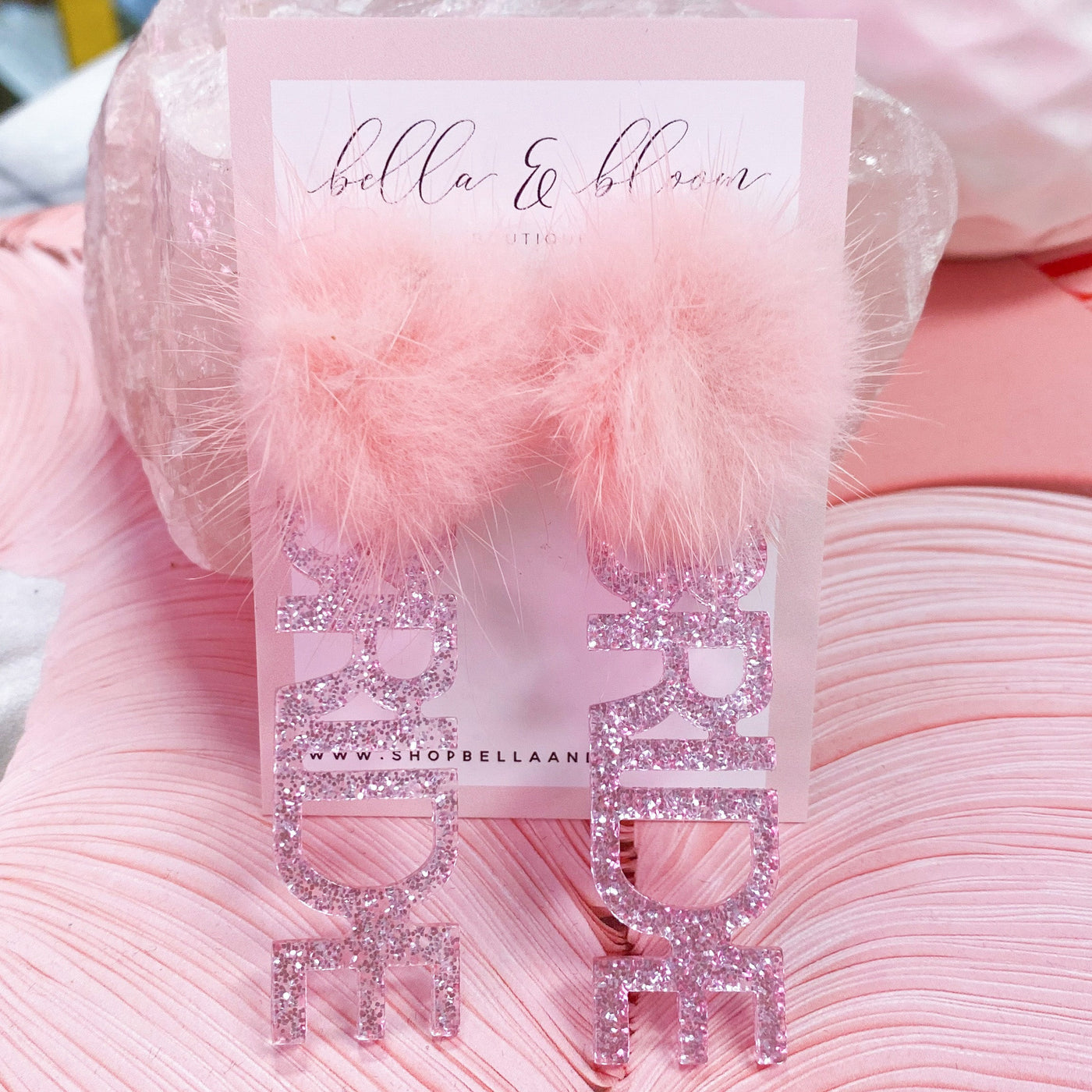 Fuzzy BRIDE Earrings: Pink Glitter/Pink - Bella and Bloom Boutique