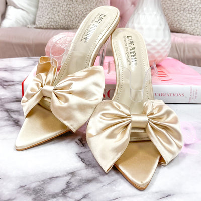 Blaire Satin Bow Heels: Champagne - Bella and Bloom Boutique