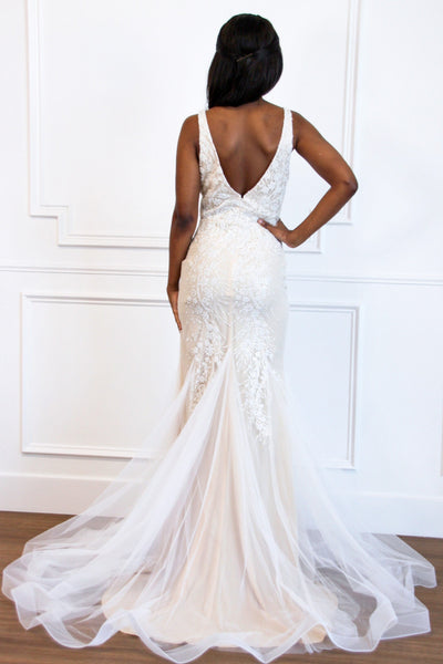 New Beginnings Embellished Wedding Dress: Ivory/Champagne - Bella and Bloom Boutique