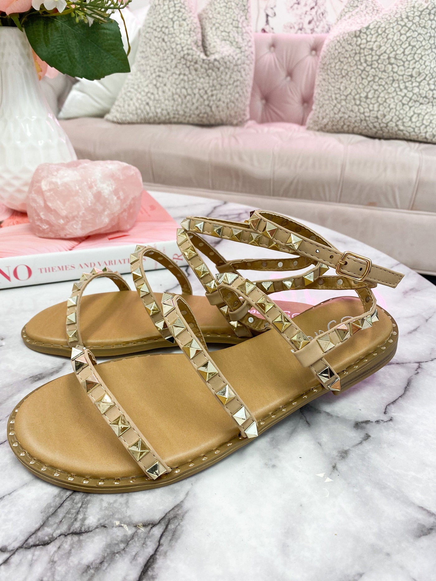 Beverly Studded Sandals: Nude/Gold - Bella and Bloom Boutique