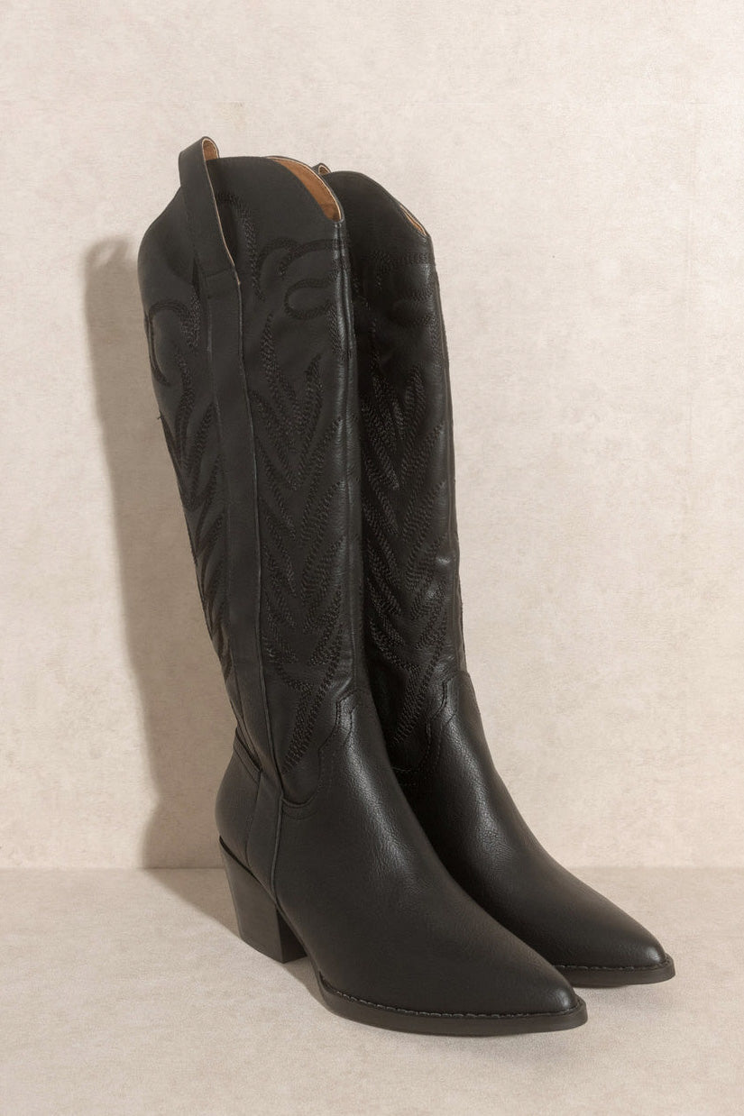 Samara Knee High Cowboy Boots: Black - Bella and Bloom Boutique