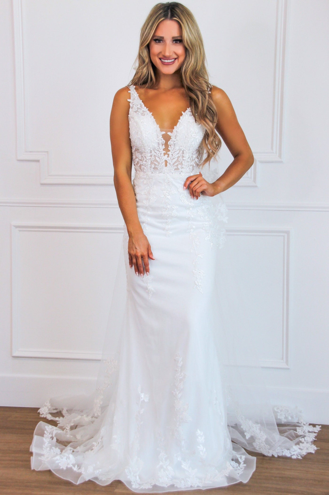 Love of a Lifetime Lace Nude Illusion Wedding Dress: White - Bella and Bloom Boutique