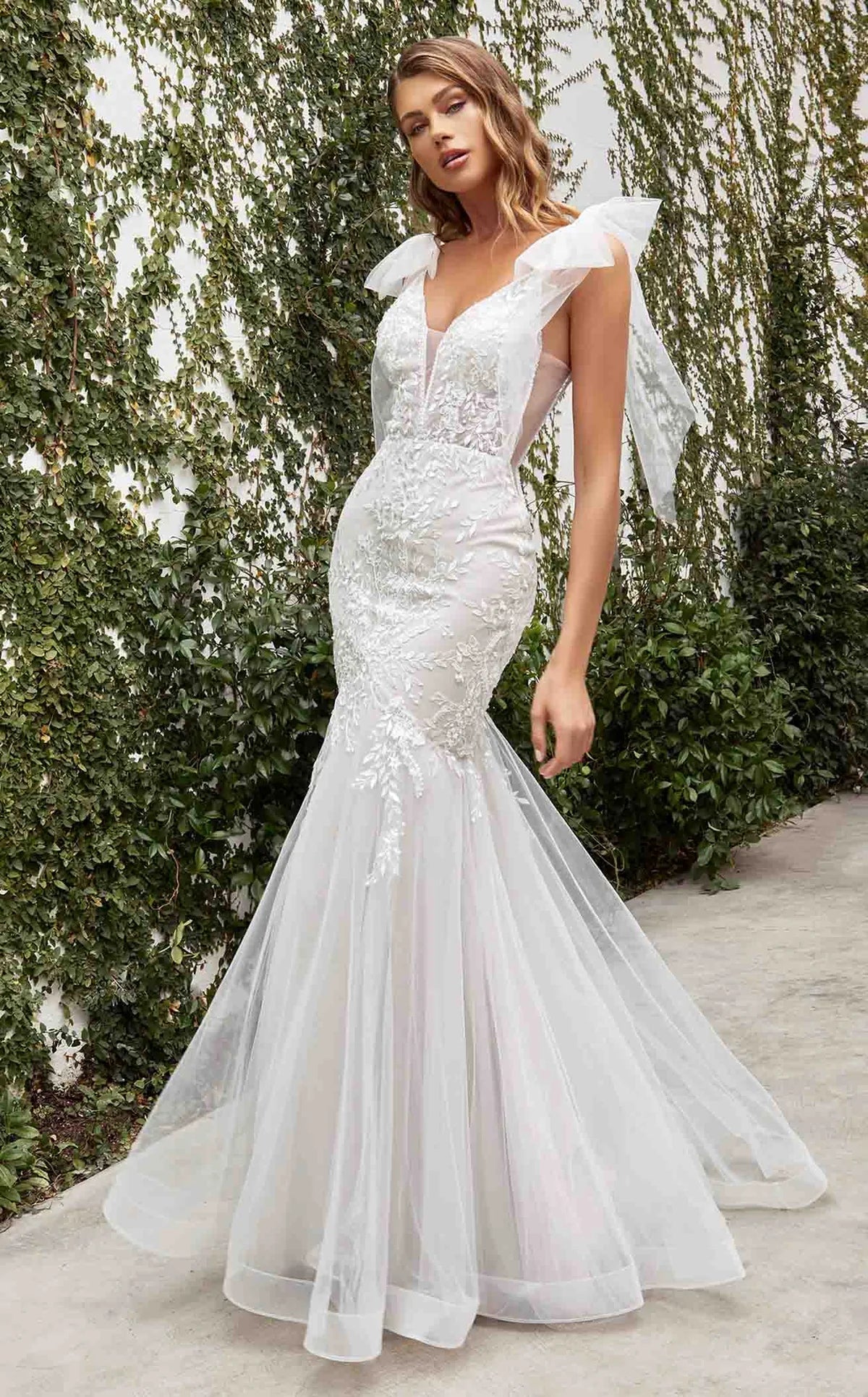 Vika Lace Sparkly Bow Sleeve Mermaid Wedding Dress: Off White - Bella and Bloom Boutique