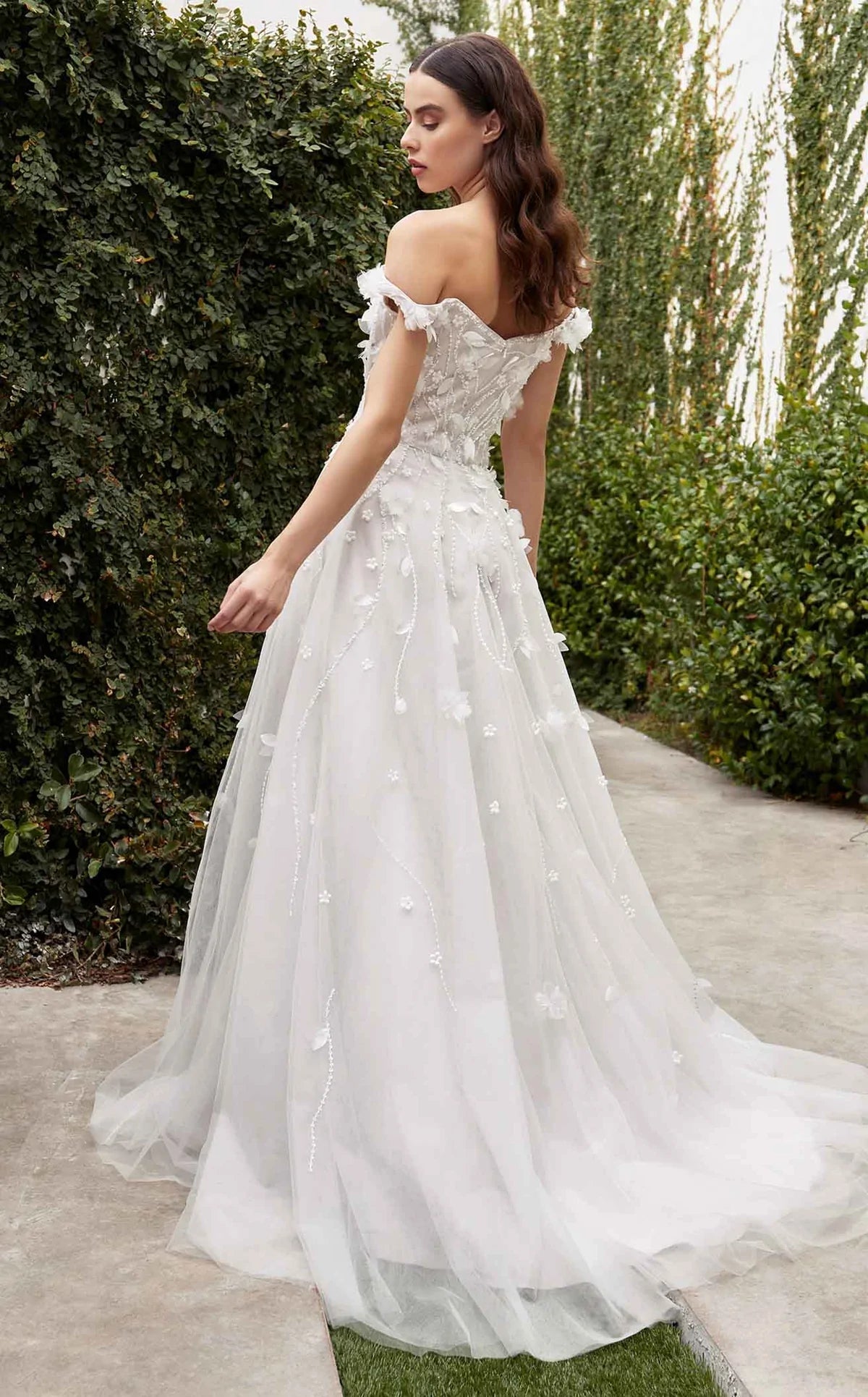 Hanna Off Shoulder Floral Applique Slit Wedding Dress: Off White - Bella and Bloom Boutique